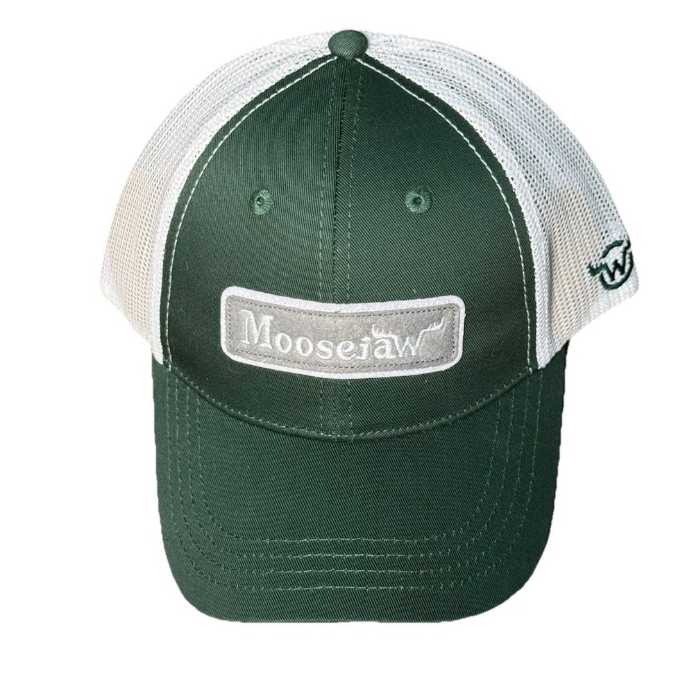 Moosejaw Patch Trucker Hat Cap Outdoor Hiking Forest Green & White Snap Back NWT
